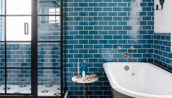 paradise tile installation inc bathroom blue subway tile with white and black pattern floor tile